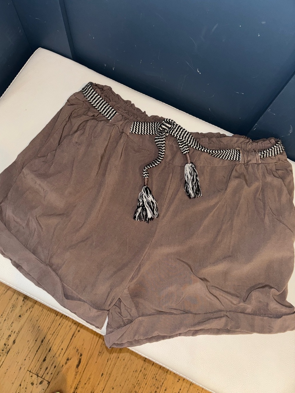 Ella Moss Taupe Relaxed Shorts with Tassel Drawstring & Pockets